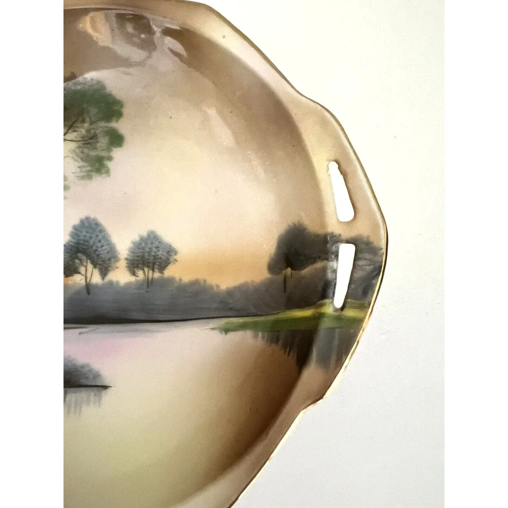 Noritake Vintage Bowl Handpainted Made in Japan Landscape Trees Water Green